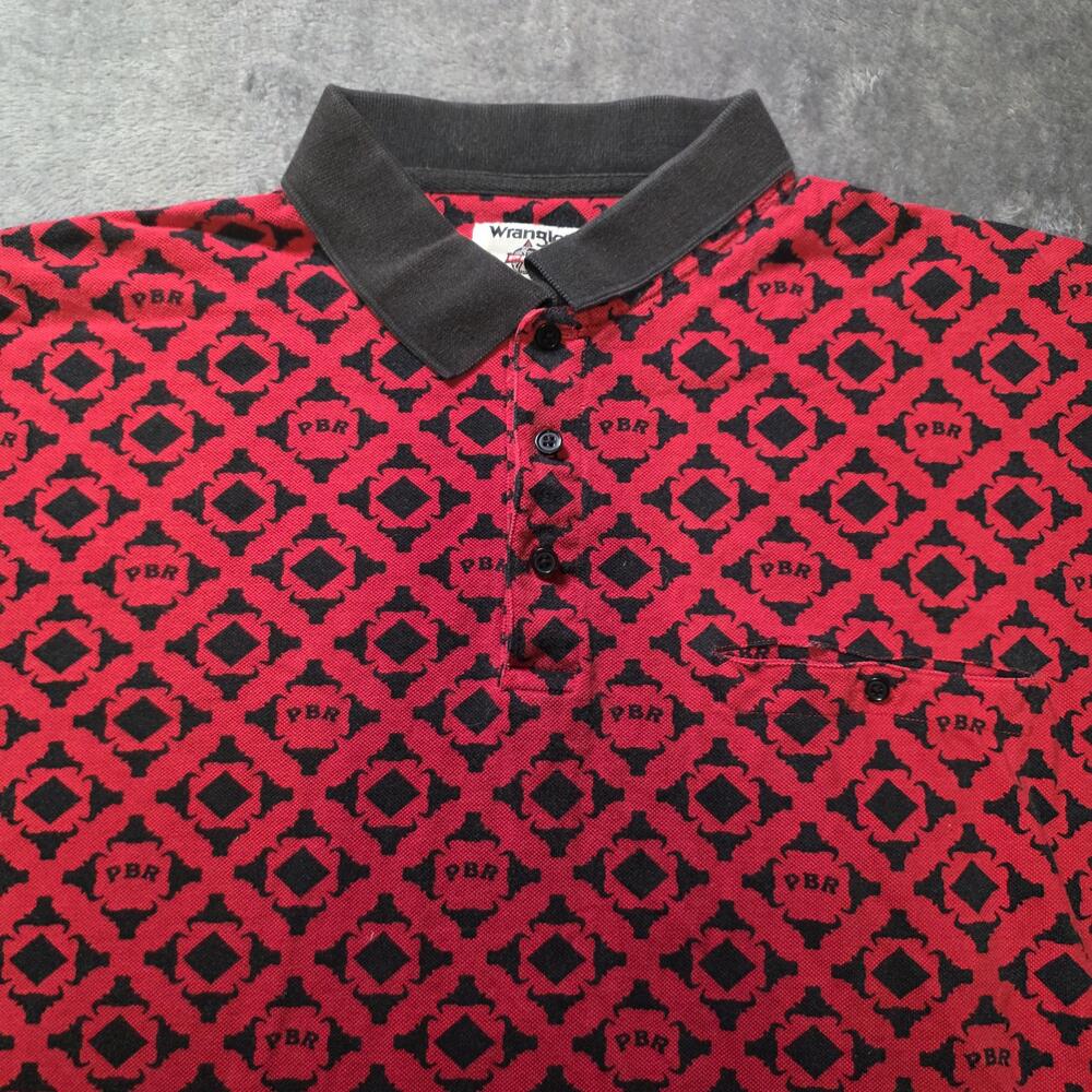 Wrangler Polo Shirt Mens XL Red PBR Allover Western Bull Riding Graphic Print